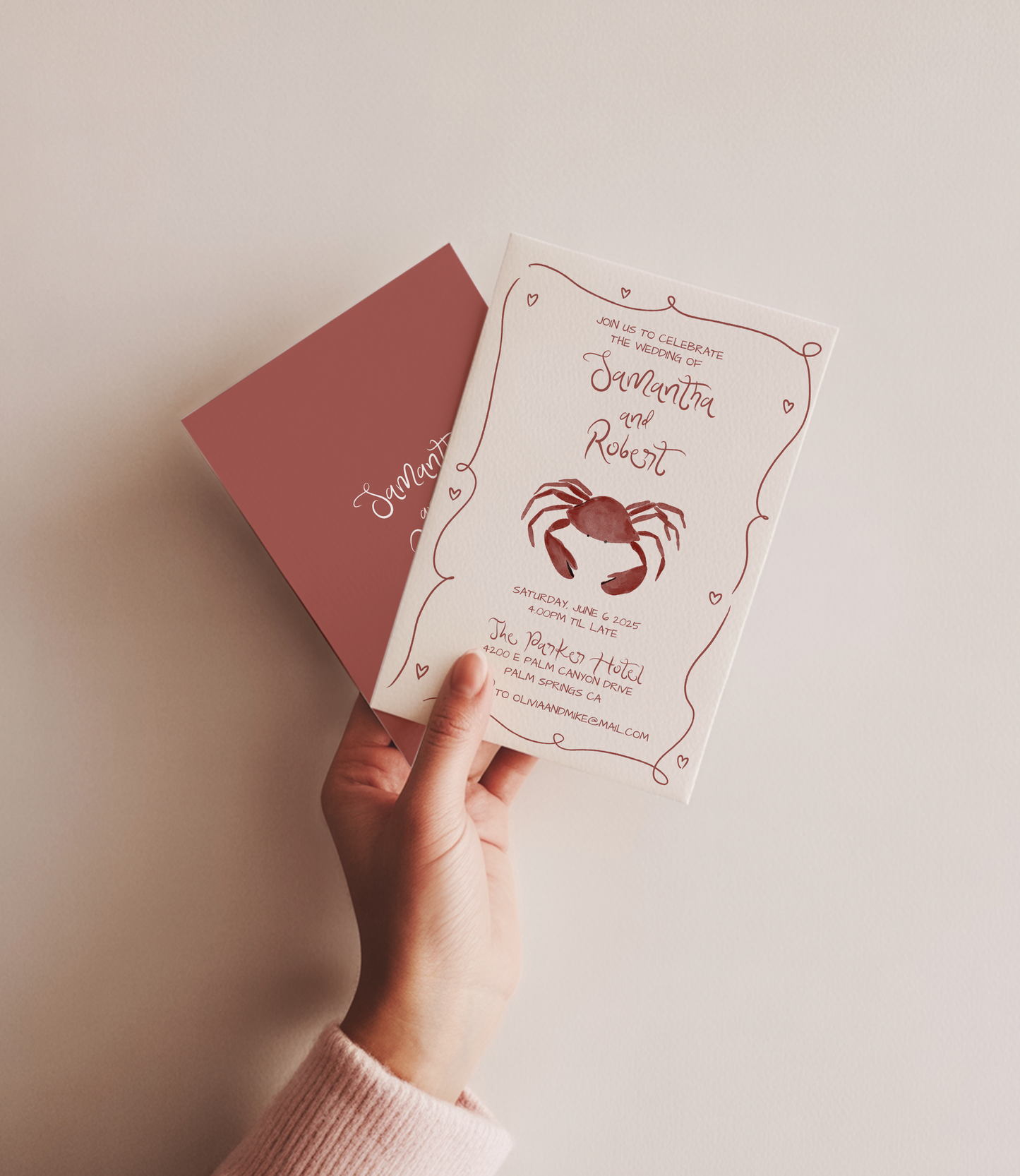 Whimsical Coastal Wedding Invitation | Hand Drawn Crab Design | Canva Template