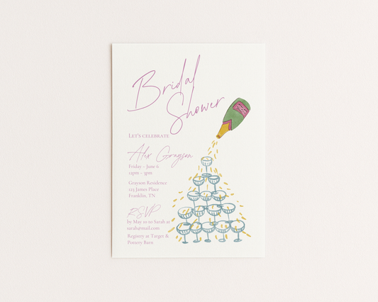 Bridal Shower Invitation | Hand Drawn Champagne Tower Design | Canva Template