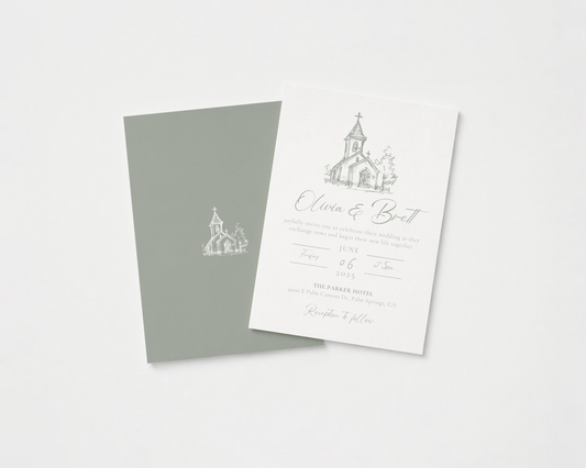 Elegant Church Wedding Invitation | Hand Drawn Chapel Design | Canva Template