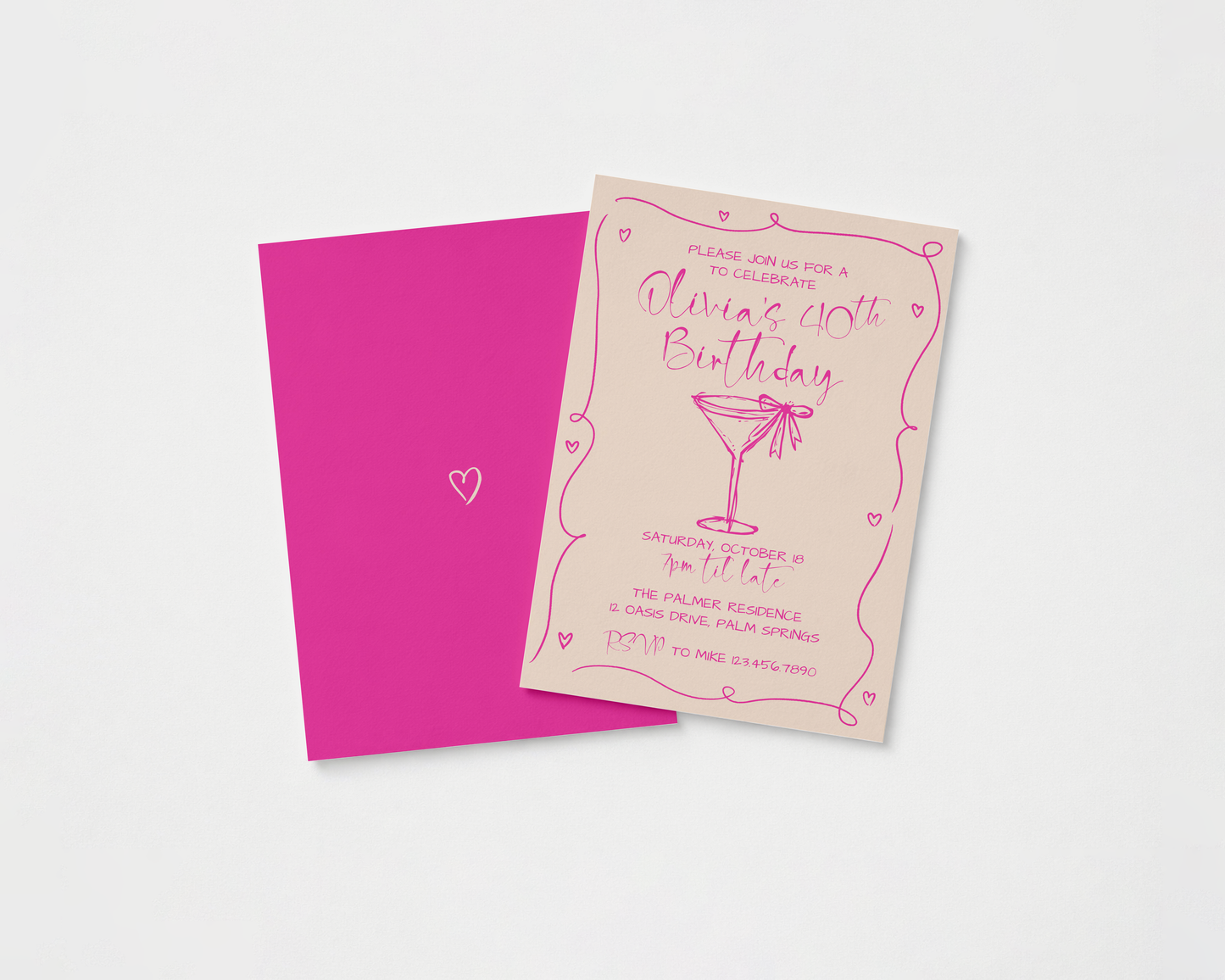 Martini Cocktail Party Invitation | Hand Drawn Martini Glass with Bow Design | Canva Template