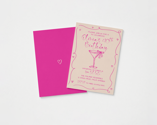 Martini Cocktail Party Invitation | Hand Drawn Martini Glass with Bow Design | Canva Template