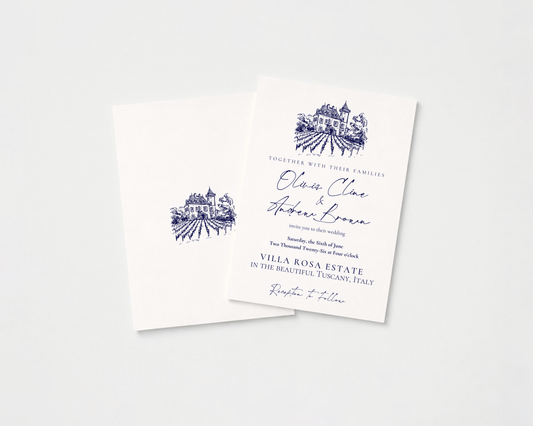 Vineyard Wedding Invitation Template | Hand Drawn Chateau Vineyard Design | Canva Template