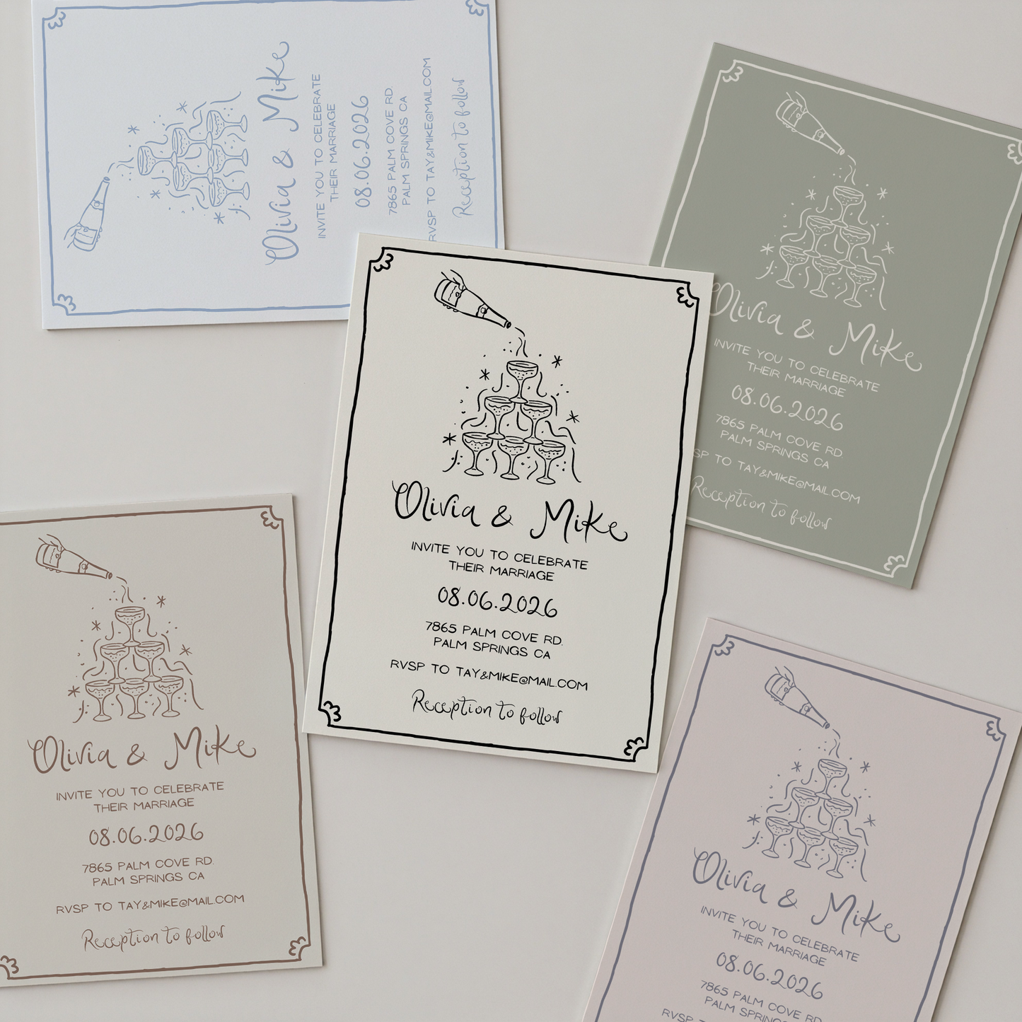 Whimsical Champagne Tower Wedding Invitation | Hand Drawn Champagne Tower Design | Canva Template