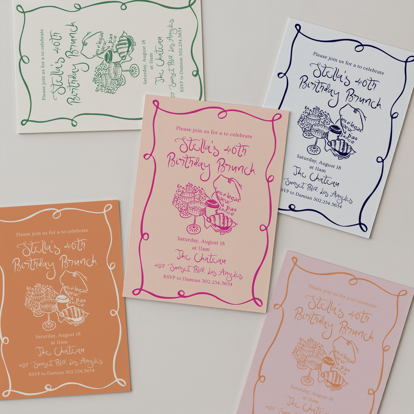Brunch Invitation | Hand Drawn Parisian Croissant & Champagne Design | Canva Template