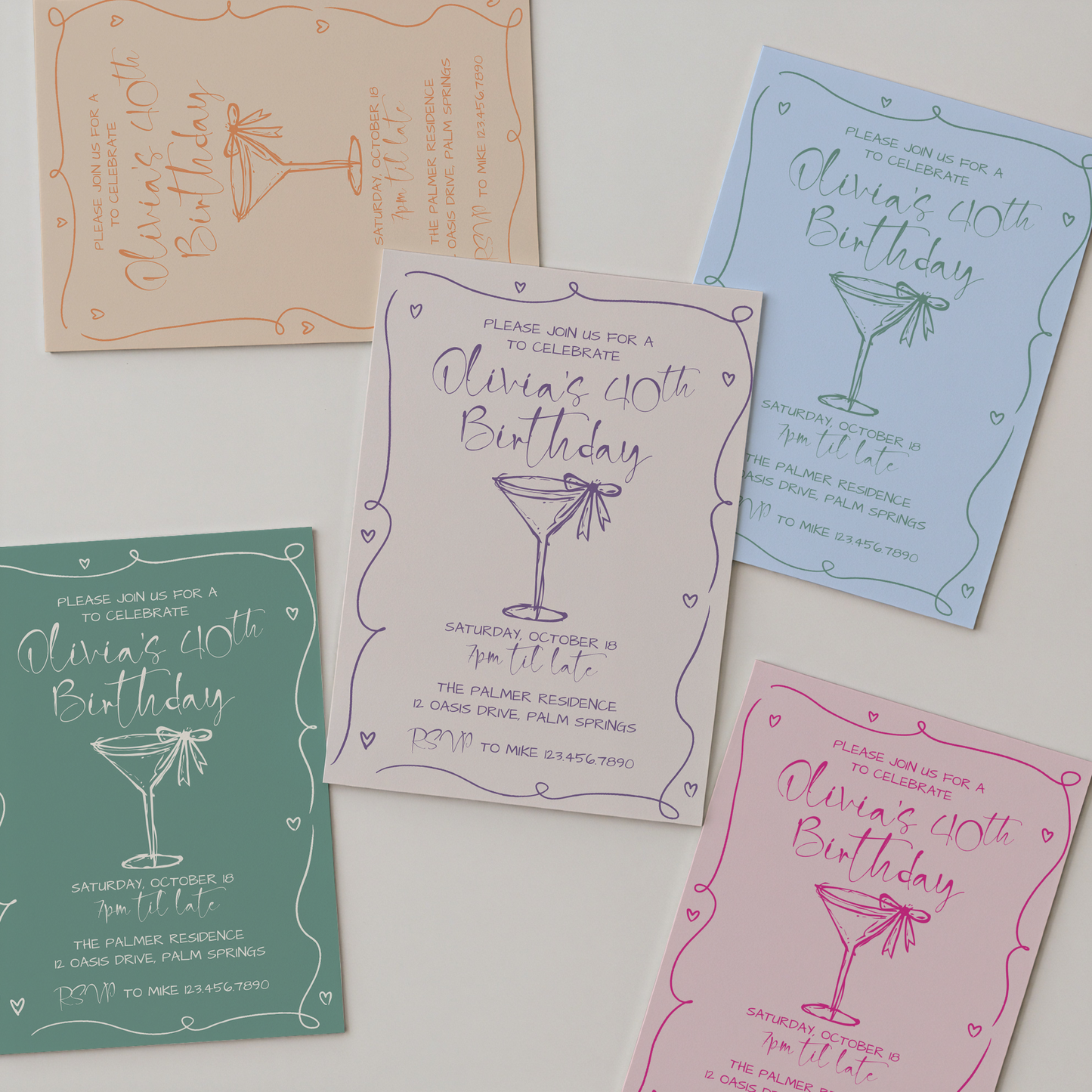 Martini Cocktail Party Invitation | Hand Drawn Martini Glass with Bow Design | Canva Template