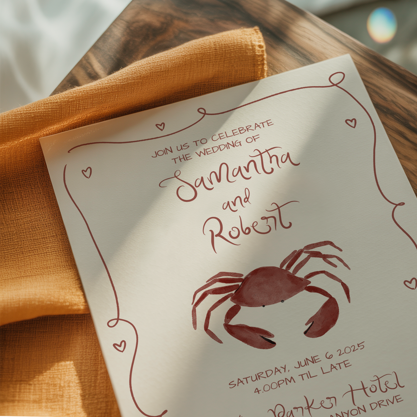 Whimsical Coastal Wedding Invitation | Hand Drawn Crab Design | Canva Template