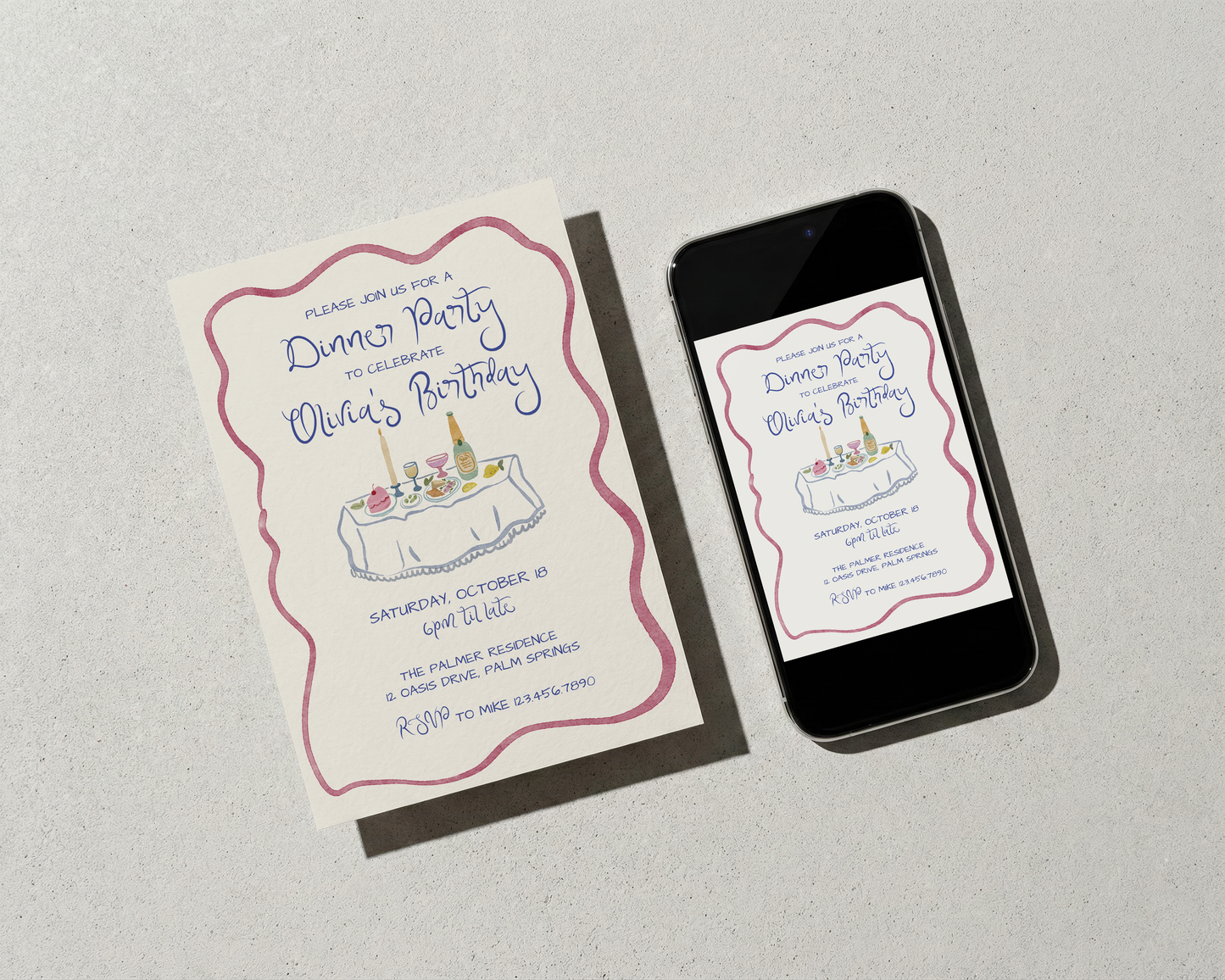 Dinner Party Invitation | Hand Drawn Watercolor Tablescape | Canva Template