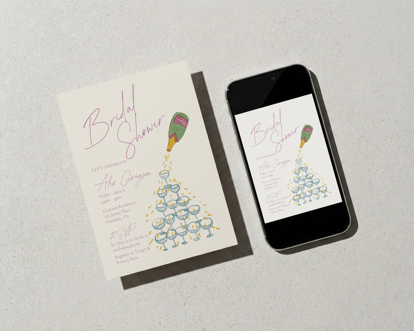 Bridal Shower Invitation | Hand Drawn Champagne Tower Design | Canva Template