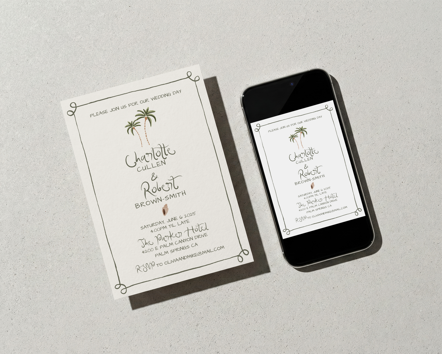 Whimsical Coastal Wedding Invitation Suite | Hand Drawn Palm Tree Design | Canva Template