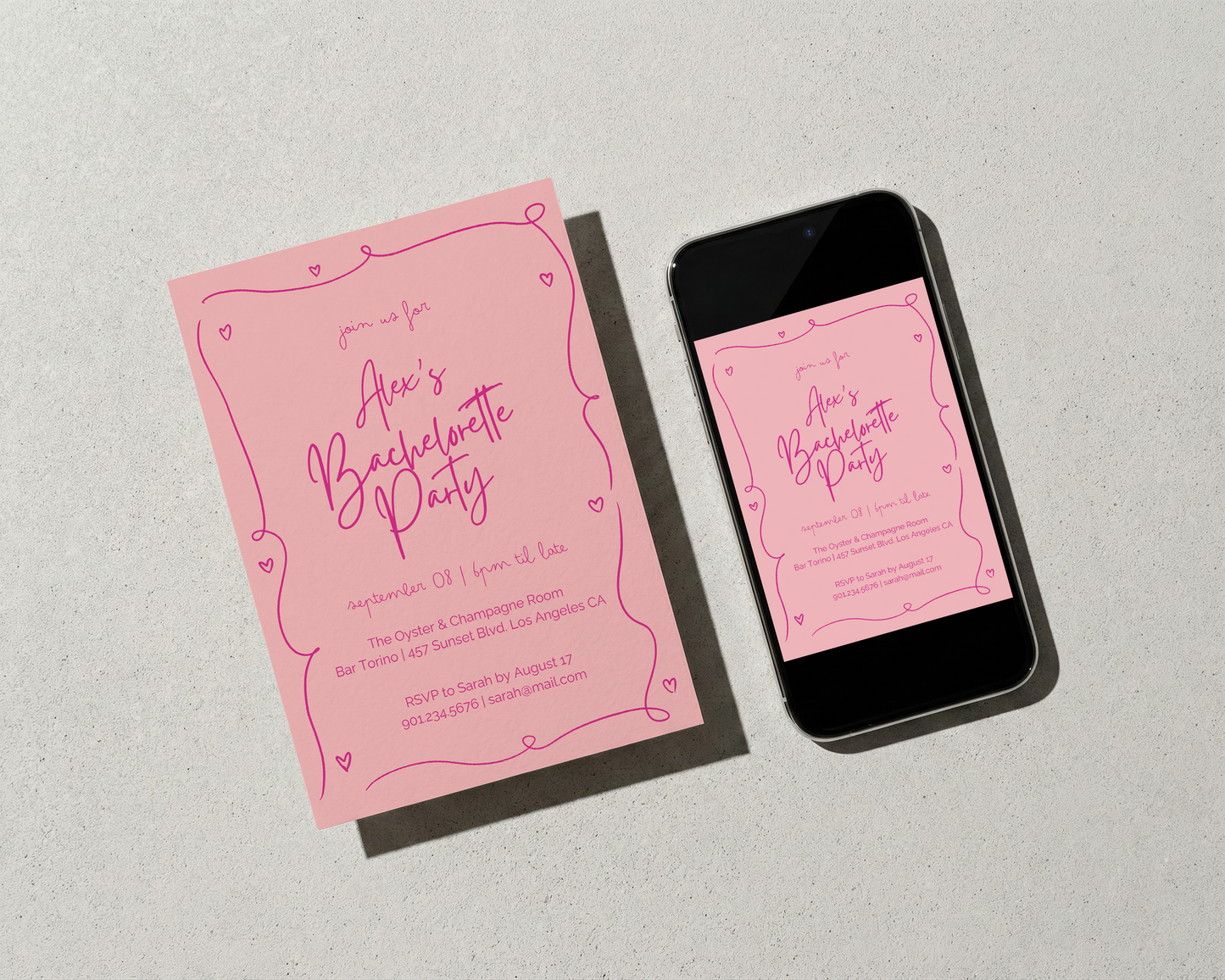 Whimsical Bachelorette Invitation | Hand Drawn Heart Design | Canva Template