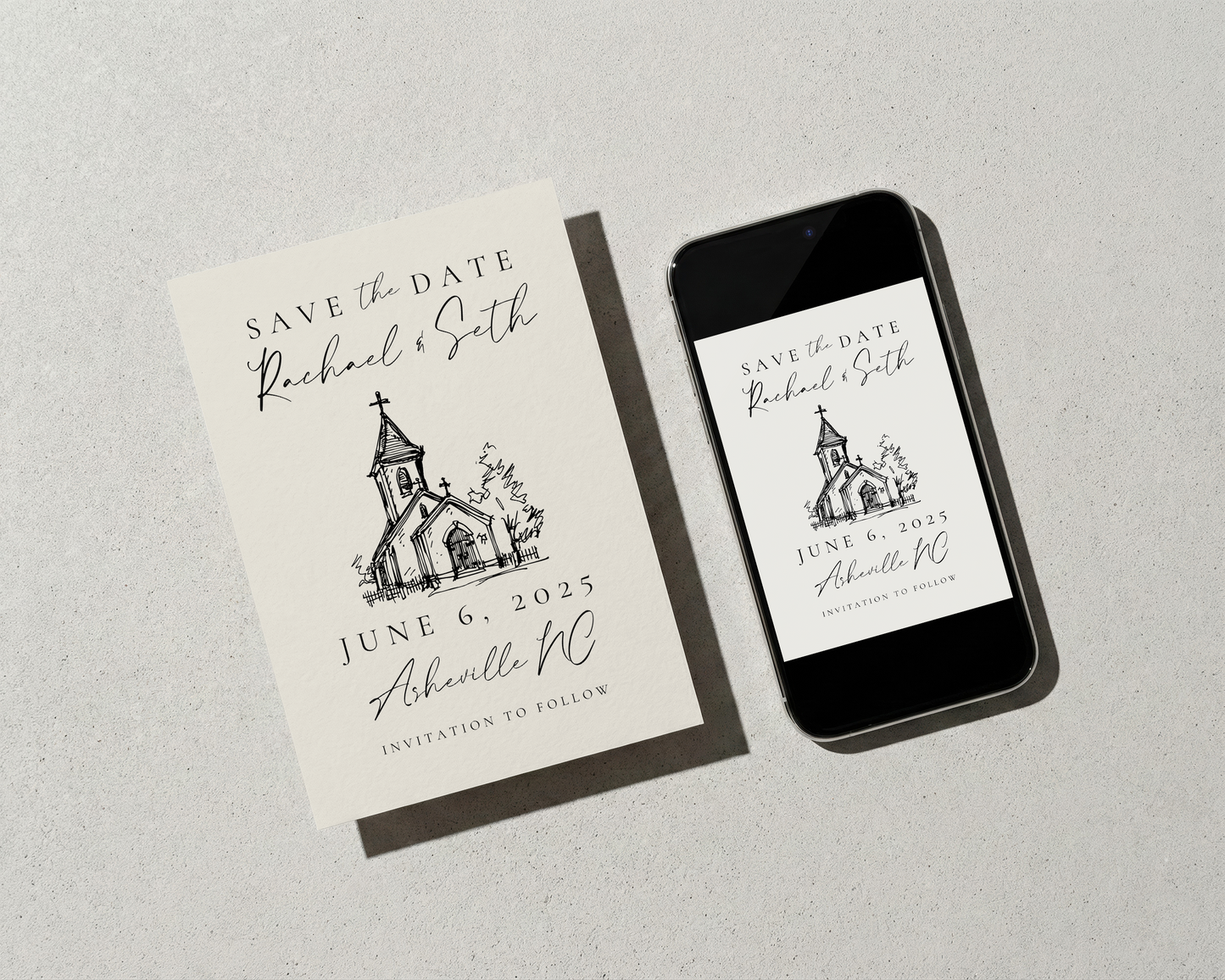 Wedding Save the Date | Hand Drawn Elegant Church Design | Canva Template