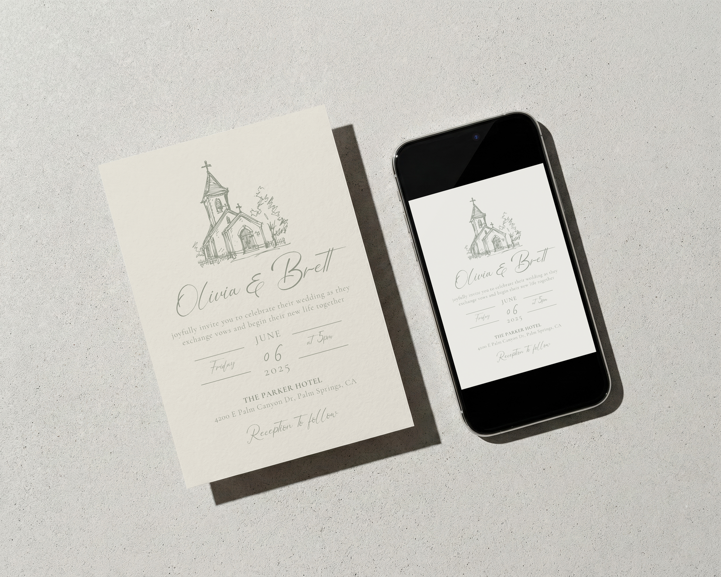 Elegant Church Wedding Invitation | Hand Drawn Chapel Design | Canva Template
