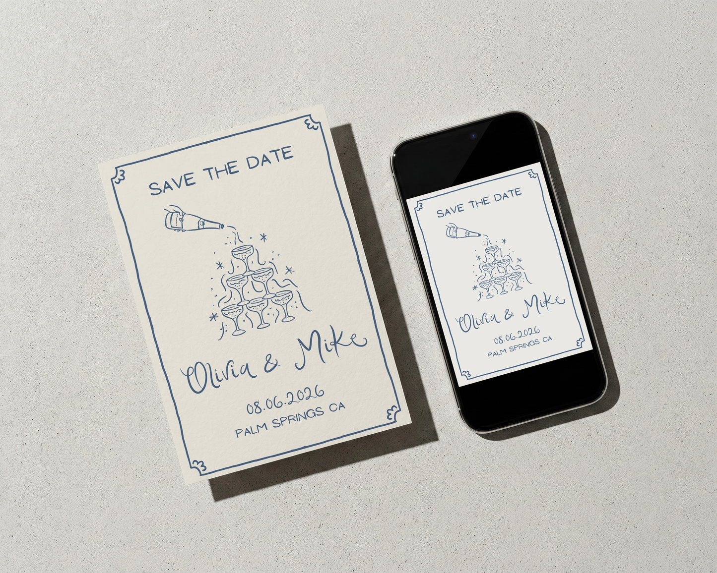 Wedding Save the Date | Whimsical Champagne Tower Design | Canva Template