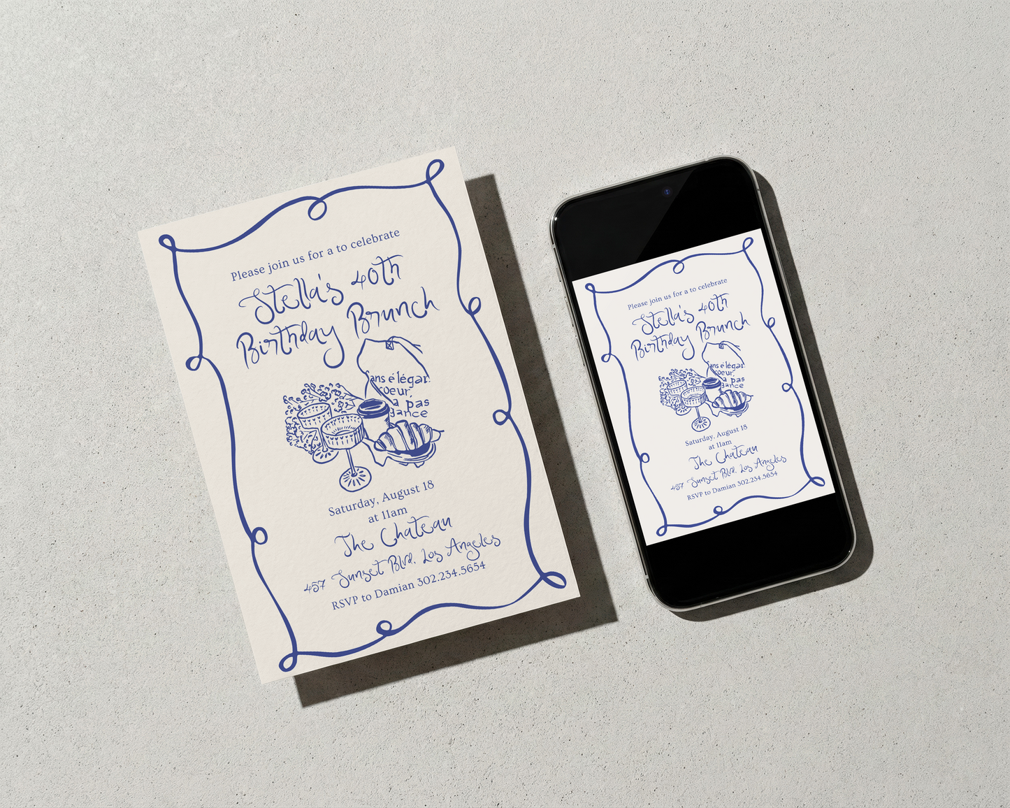 Brunch Invitation | Hand Drawn Parisian Croissant & Champagne Design | Canva Template