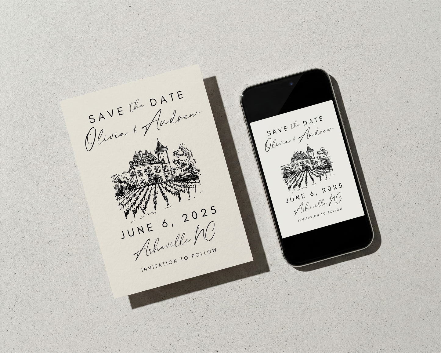Wedding Save the Date | Hand Drawn Chateau Vineyard Design | Canva Template
