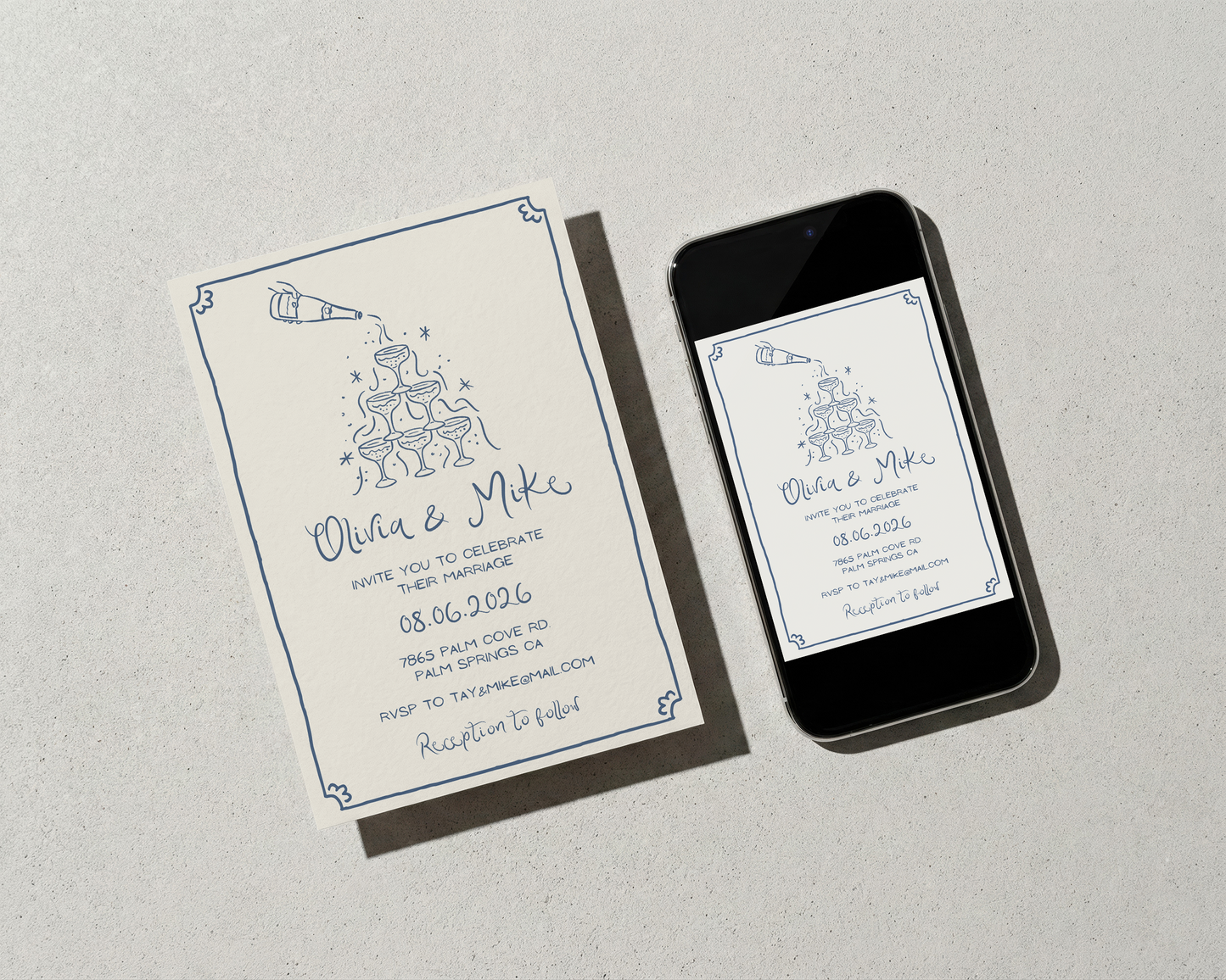 Whimsical Champagne Tower Wedding Invitation | Hand Drawn Champagne Tower Design | Canva Template