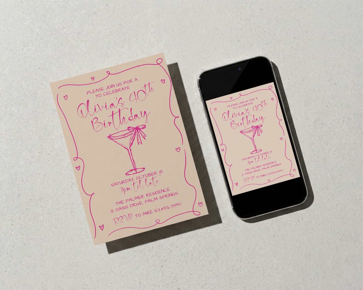 Martini Cocktail Party Invitation | Hand Drawn Martini Glass with Bow Design | Canva Template