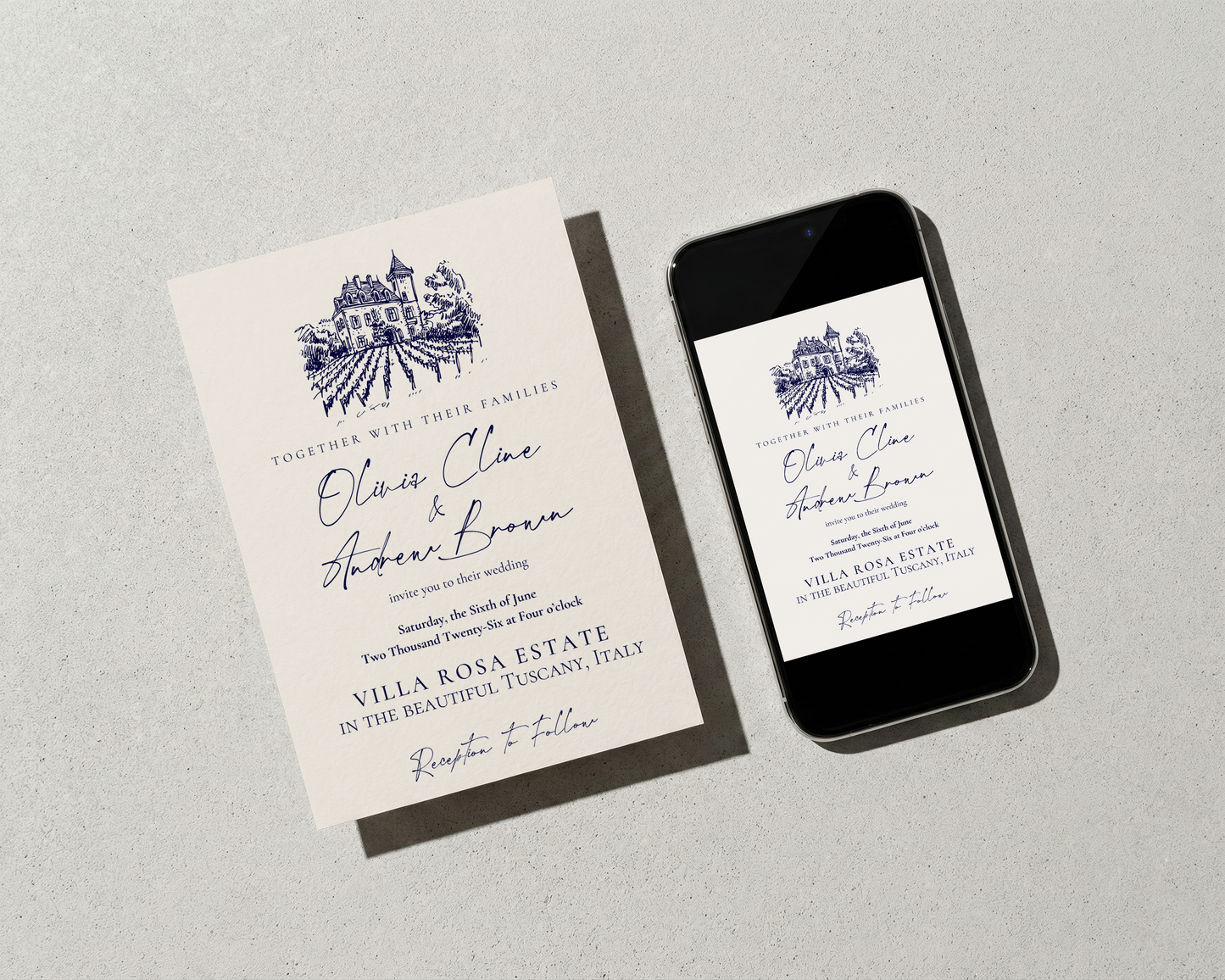 Vineyard Wedding Invitation Template | Hand Drawn Chateau Vineyard Design | Canva Template