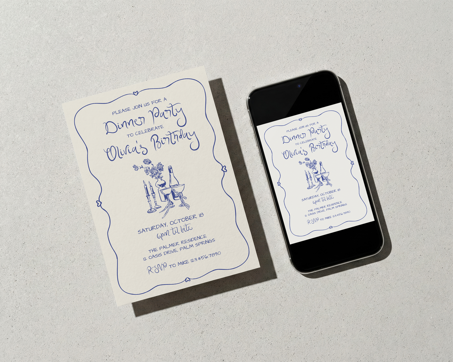 Dinner Party Invitation | Hand Drawn Candle & Champagne Design | Canva Template