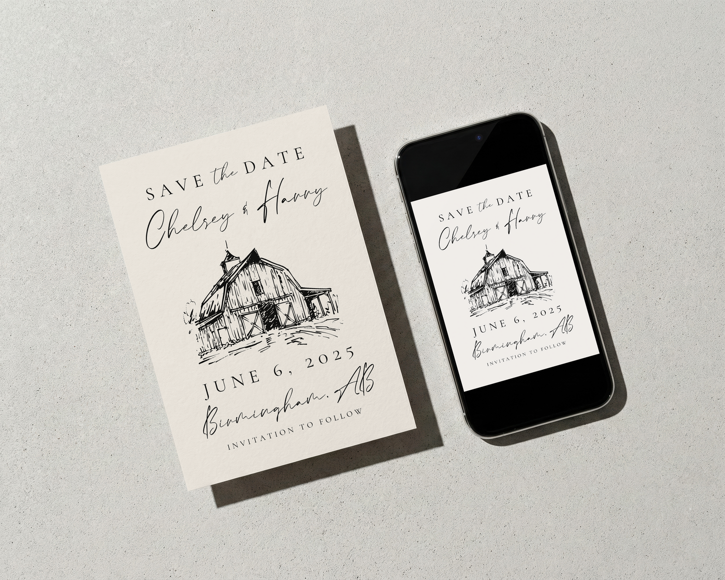 Wedding Save the Date | Hand Drawn Rustic Barn Design | Canva Template