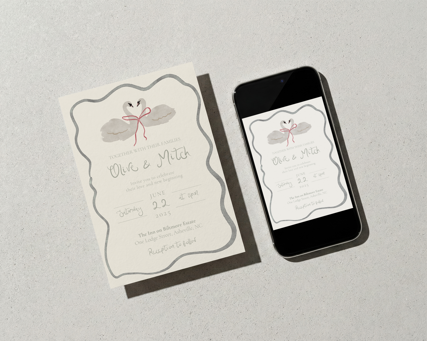 Whimsical Wedding Invitation | Hand Drawn Swan Design | Canva Template