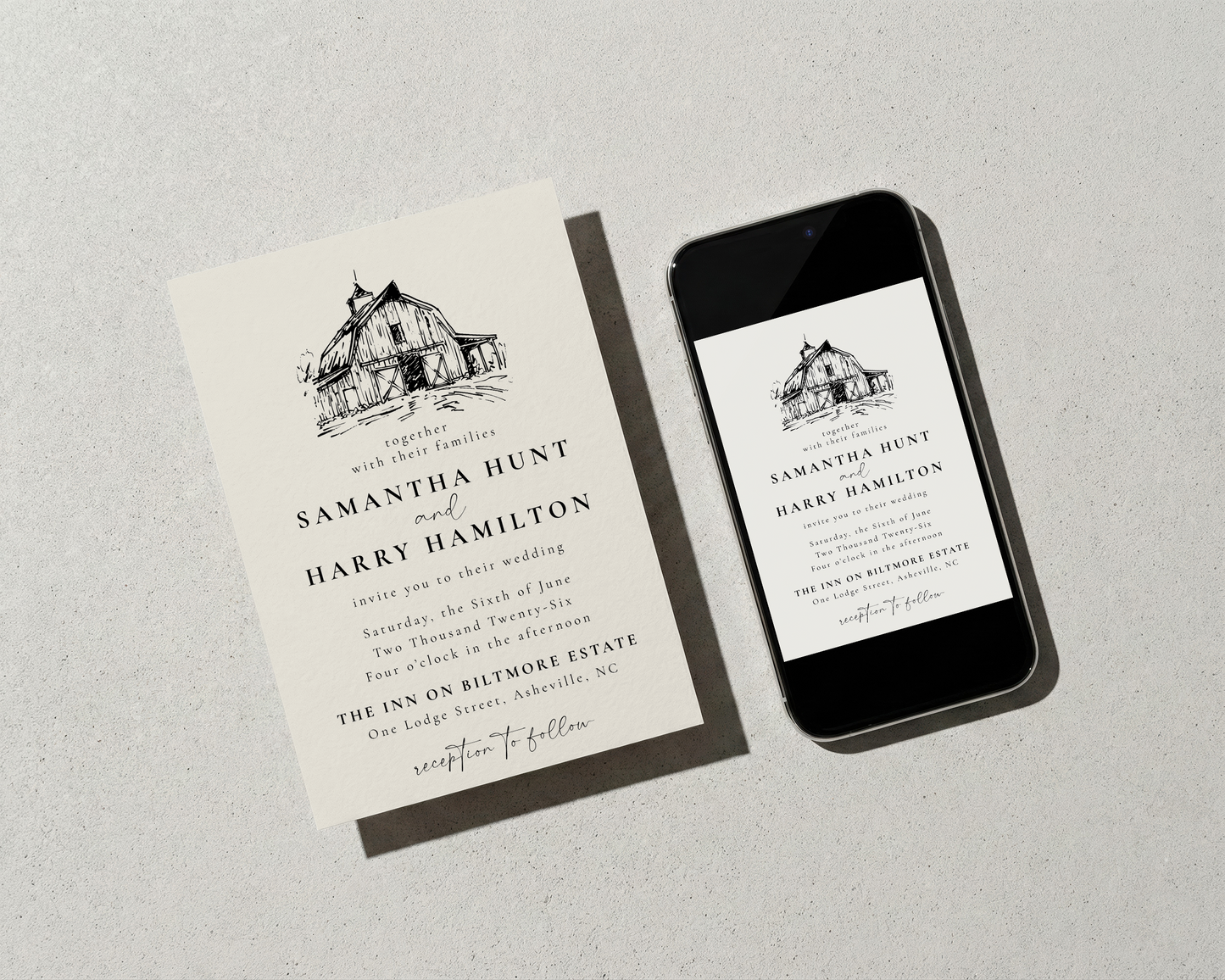 Formal Rustic Barn Wedding Invitation | Hand Drawn Barn Design | Canva Template