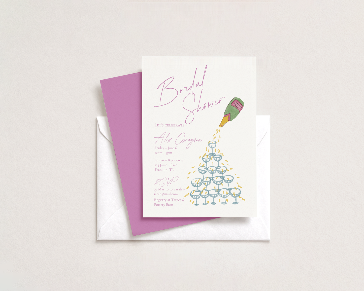 Bridal Shower Invitation | Hand Drawn Champagne Tower Design | Canva Template