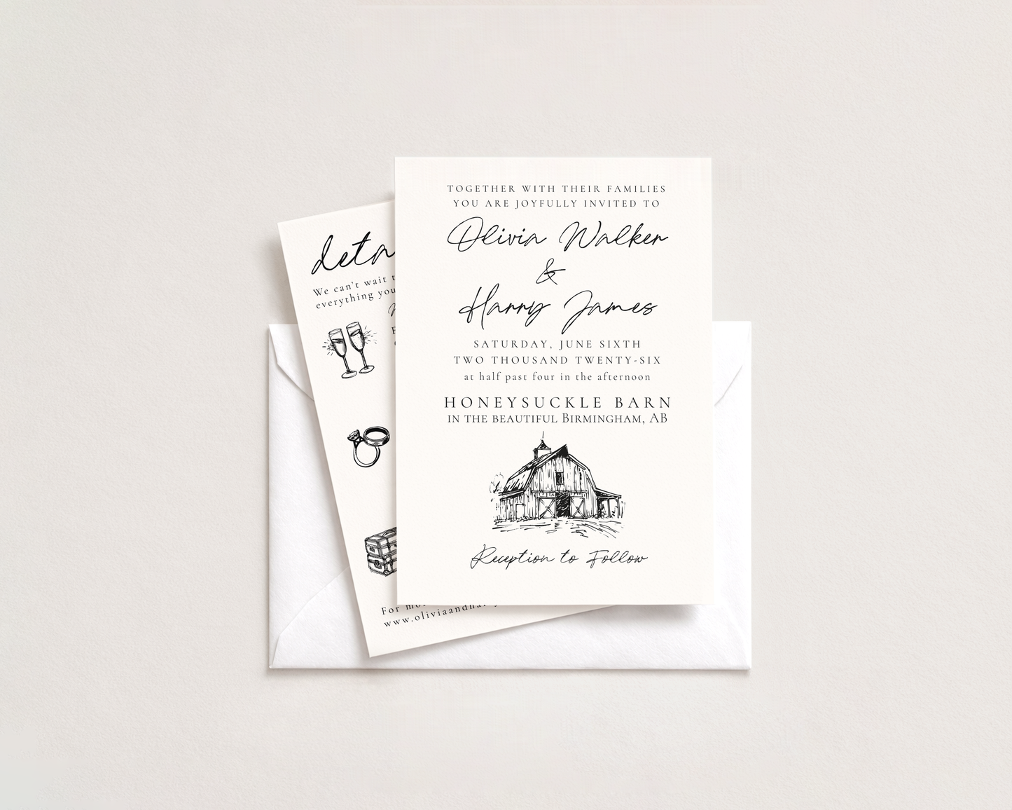 Rustic Wedding Invitation Suite | Hand Drawn Barn Design | Canva Template