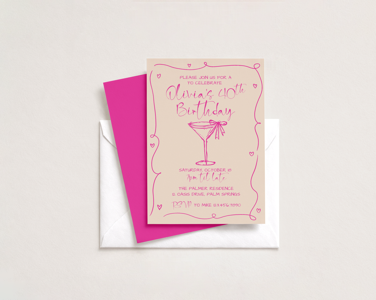 Martini Cocktail Party Invitation | Hand Drawn Martini Glass with Bow Design | Canva Template