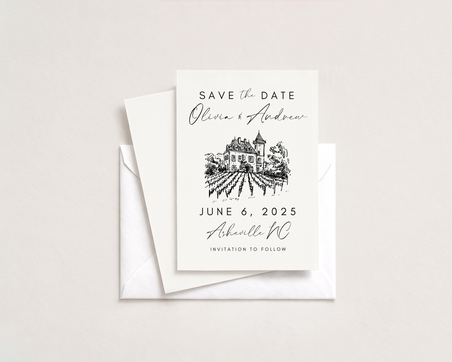 Wedding Save the Date | Hand Drawn Chateau Vineyard Design | Canva Template