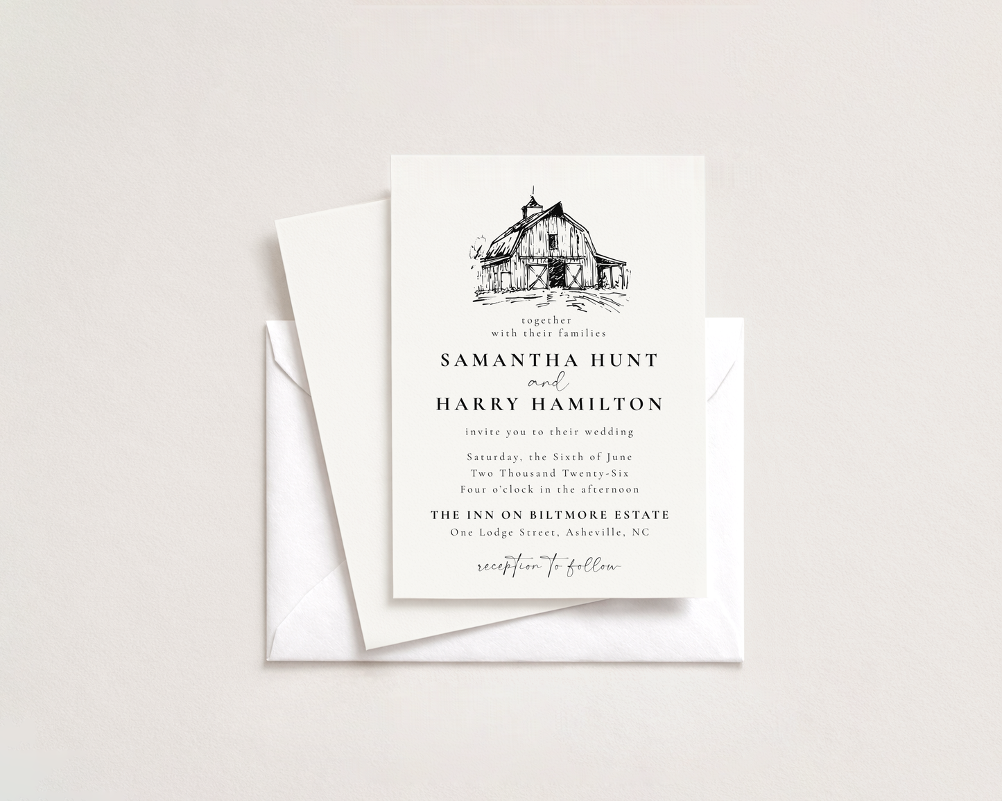 Formal Rustic Barn Wedding Invitation | Hand Drawn Barn Design | Canva Template