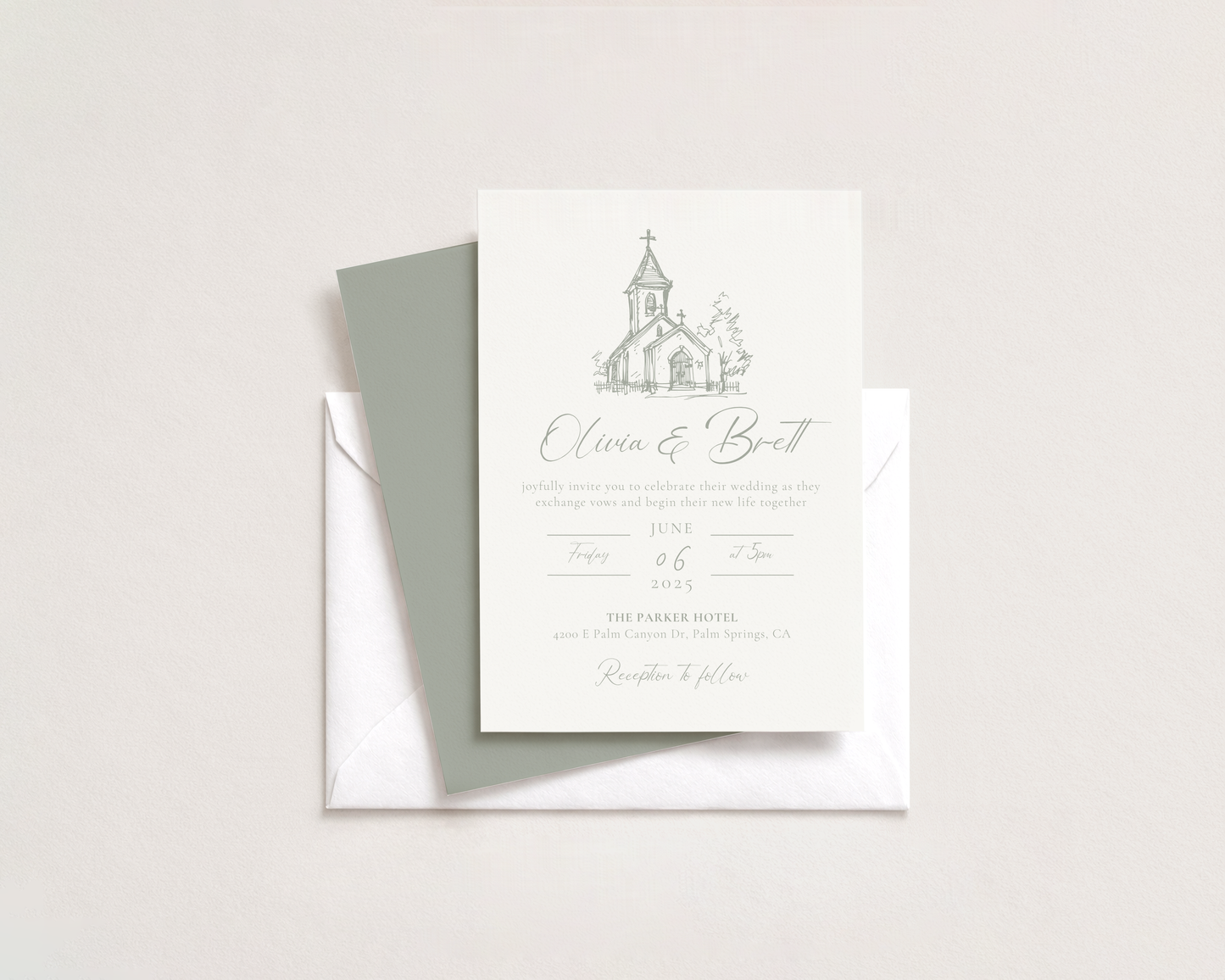 Elegant Church Wedding Invitation | Hand Drawn Chapel Design | Canva Template