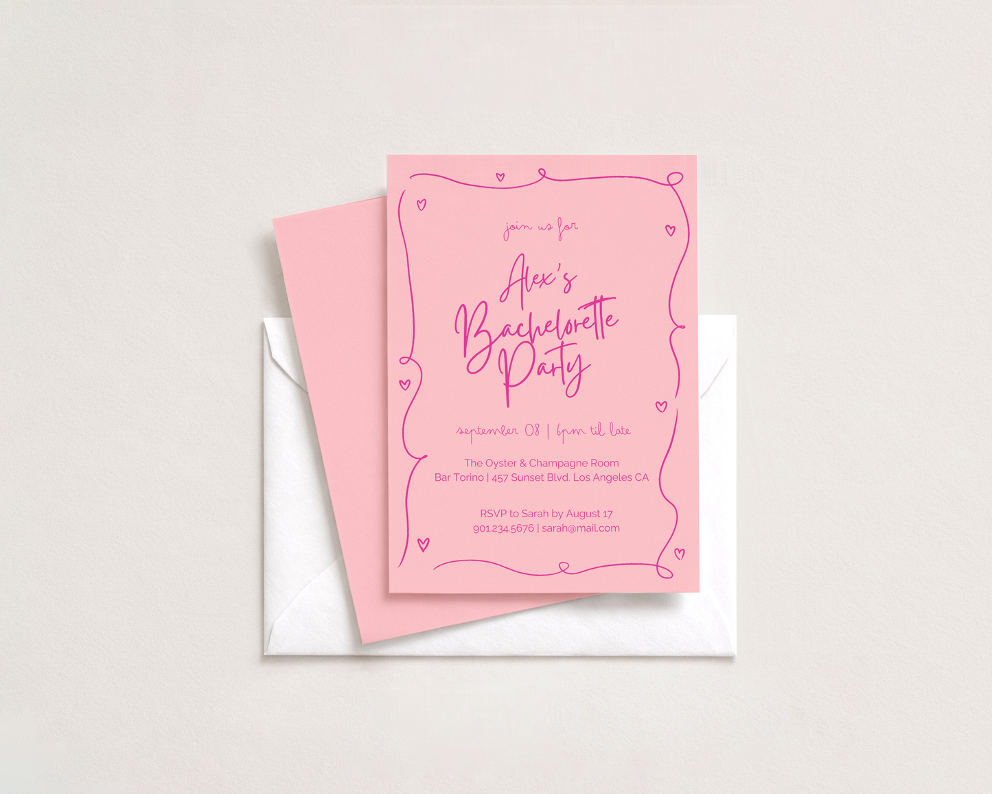 Whimsical Bachelorette Invitation | Hand Drawn Heart Design | Canva Template