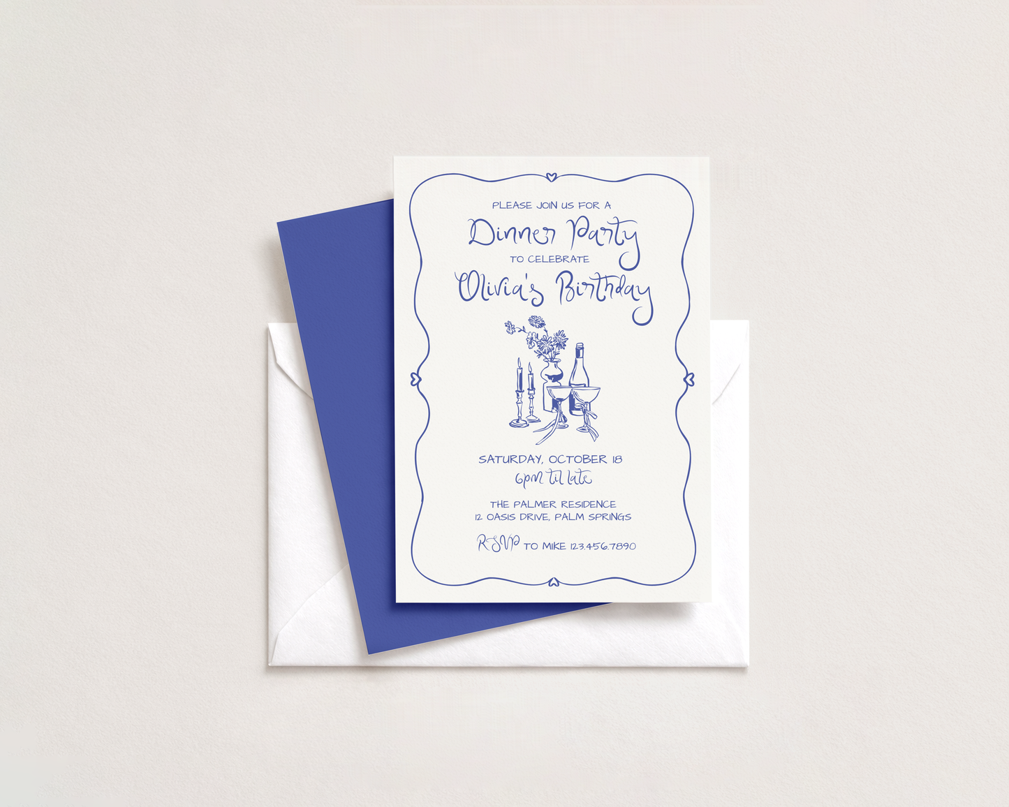 Dinner Party Invitation | Hand Drawn Candle & Champagne Design | Canva Template
