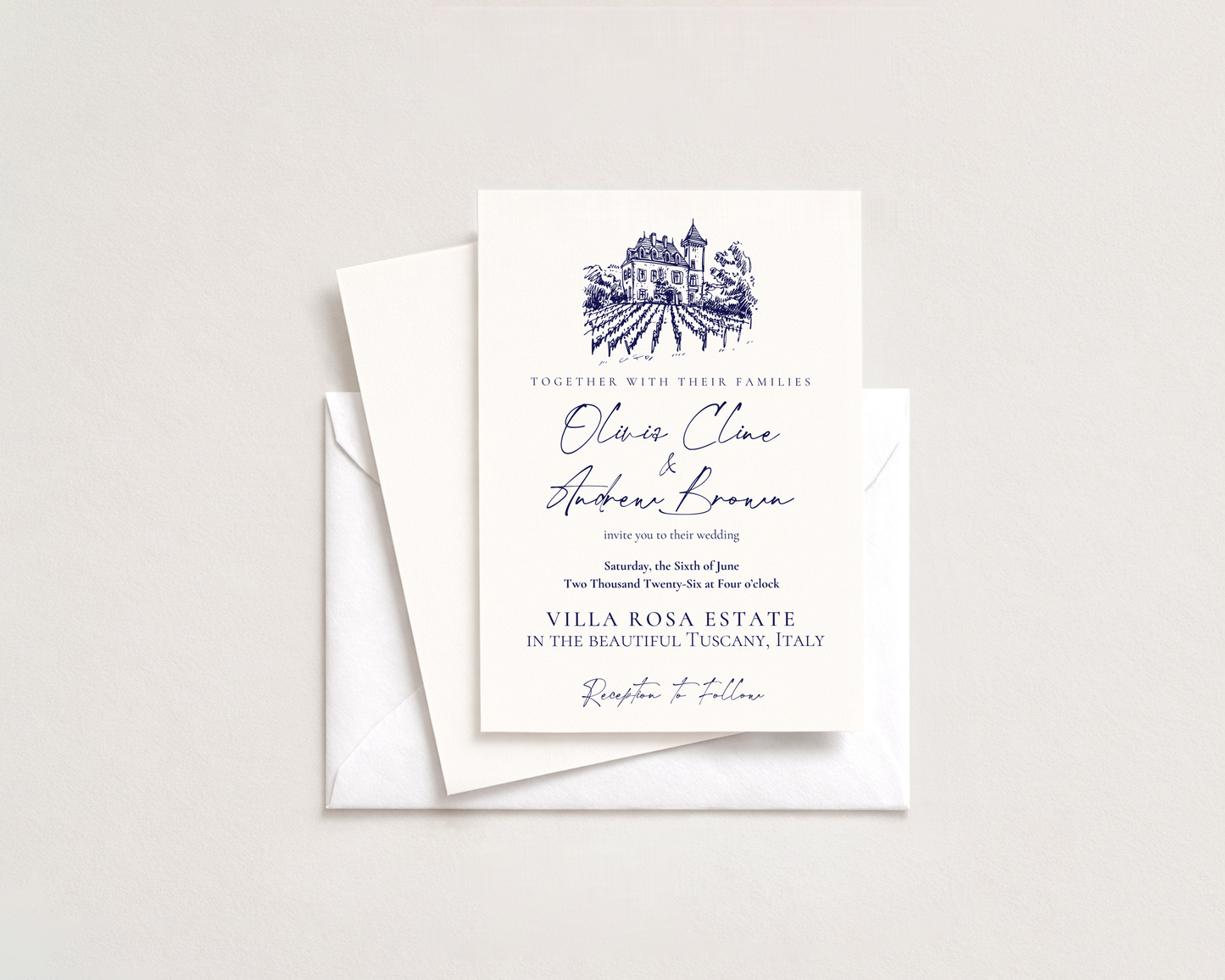 Vineyard Wedding Invitation Template | Hand Drawn Chateau Vineyard Design | Canva Template