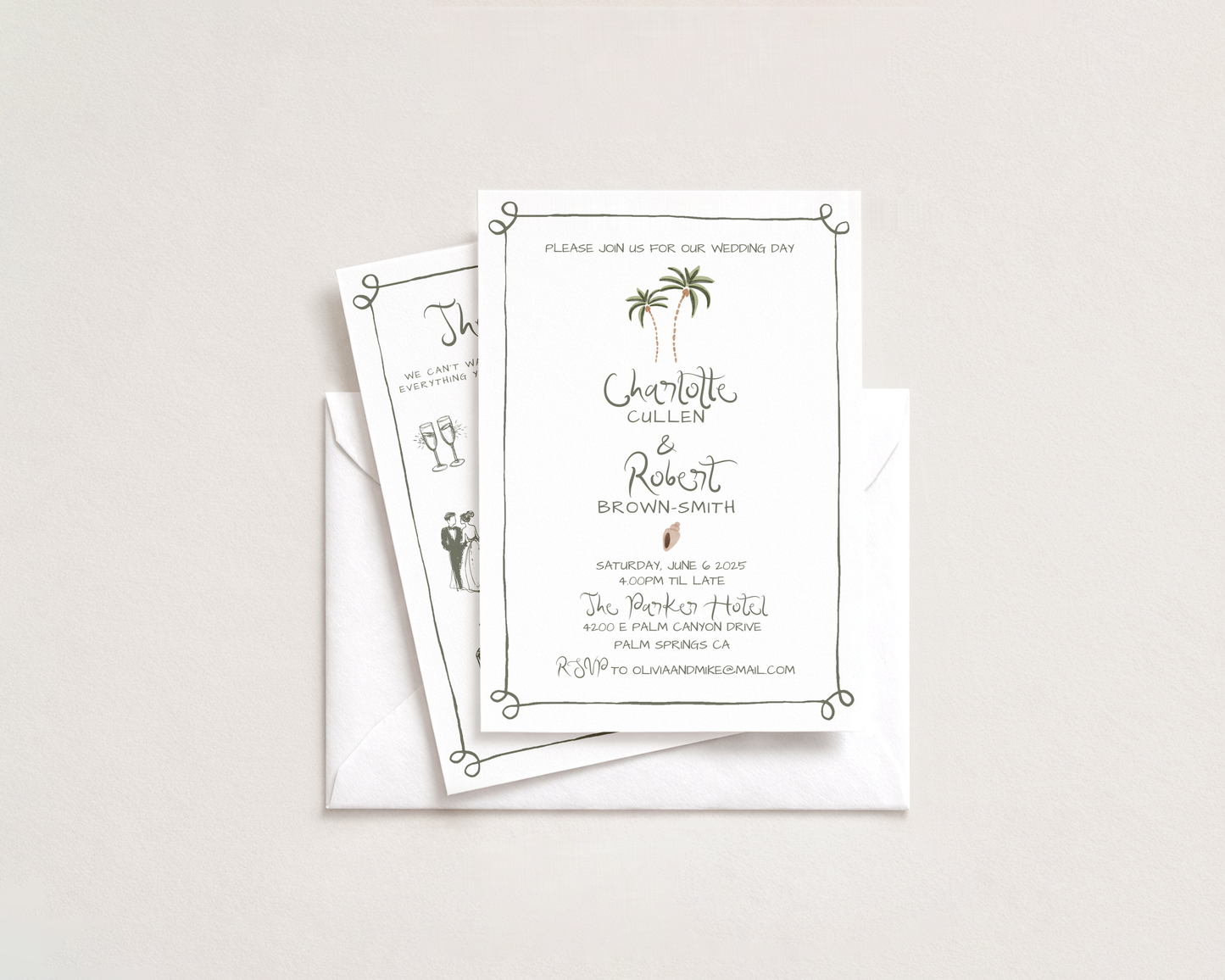 Whimsical Coastal Wedding Invitation Suite | Hand Drawn Palm Tree Design | Canva Template
