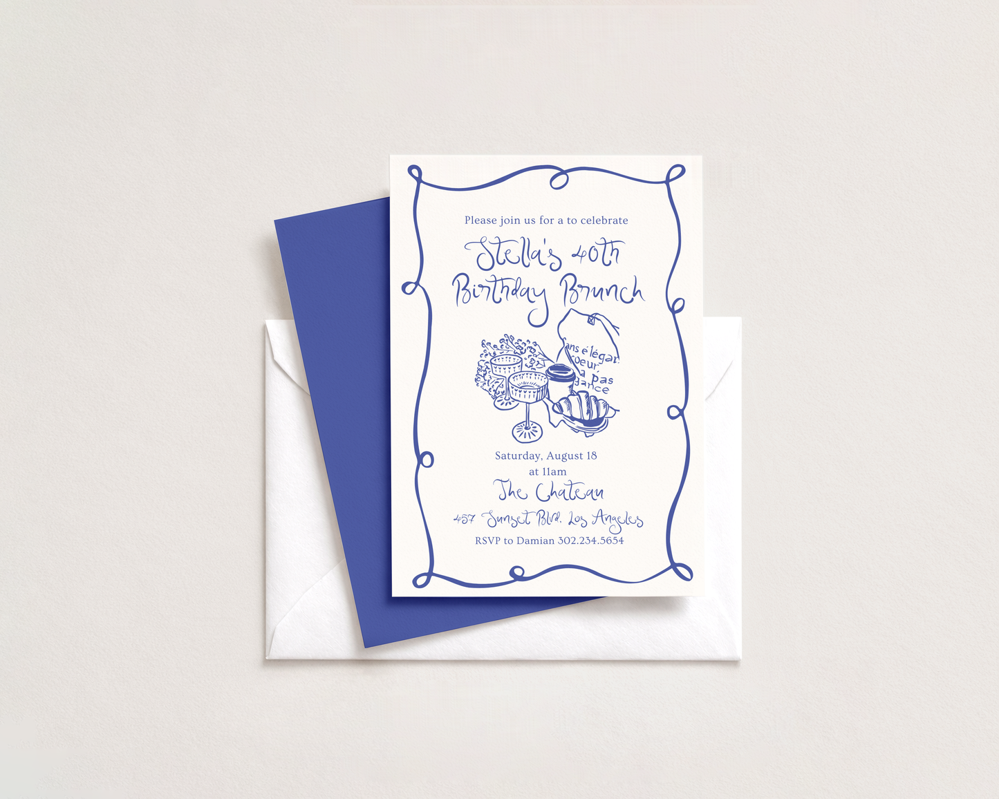 Brunch Invitation | Hand Drawn Parisian Croissant & Champagne Design | Canva Template