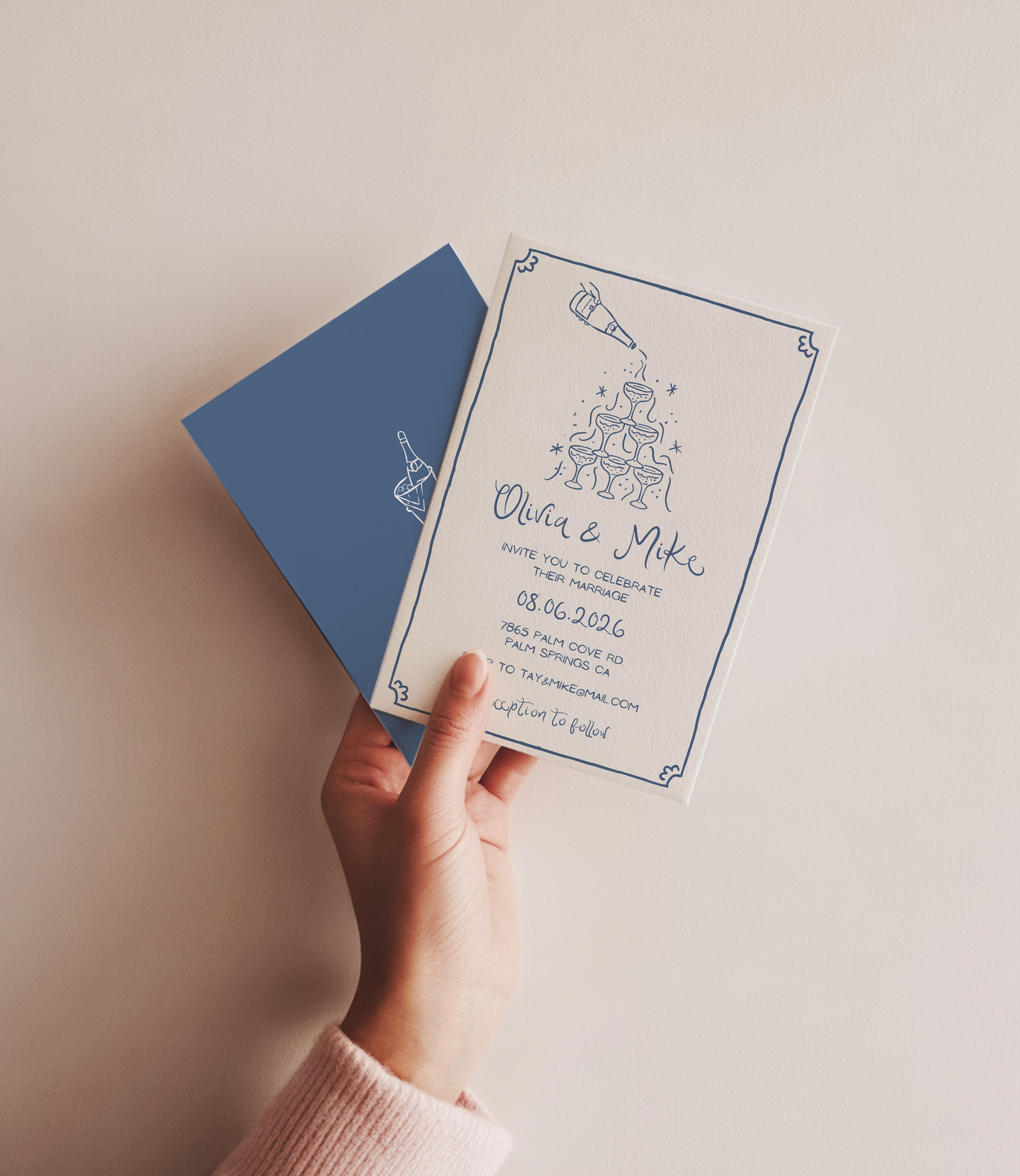 Whimsical Champagne Tower Wedding Invitation | Hand Drawn Champagne Tower Design | Canva Template