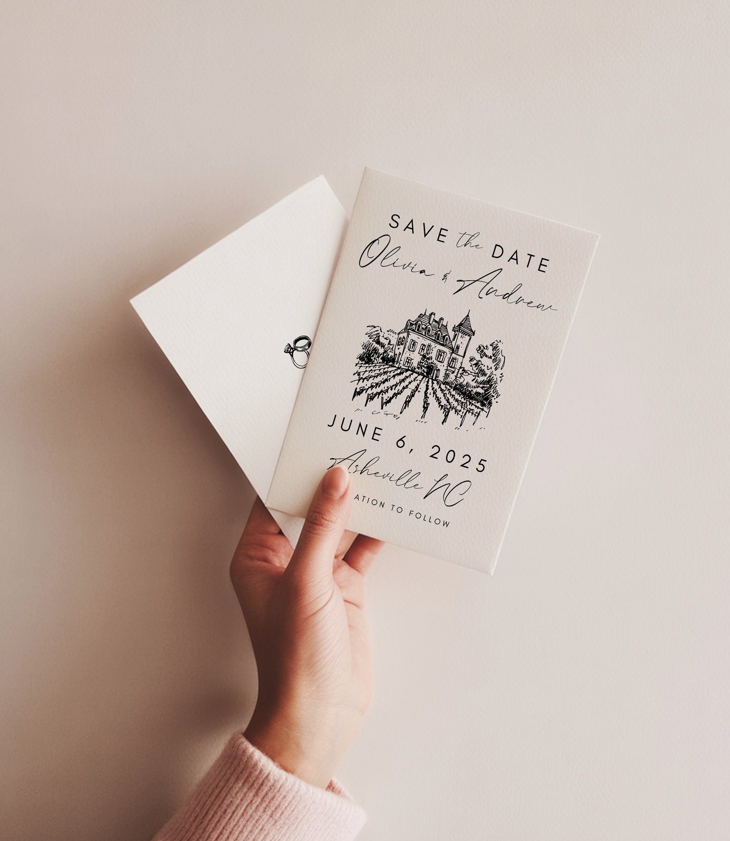 Wedding Save the Date | Hand Drawn Chateau Vineyard Design | Canva Template