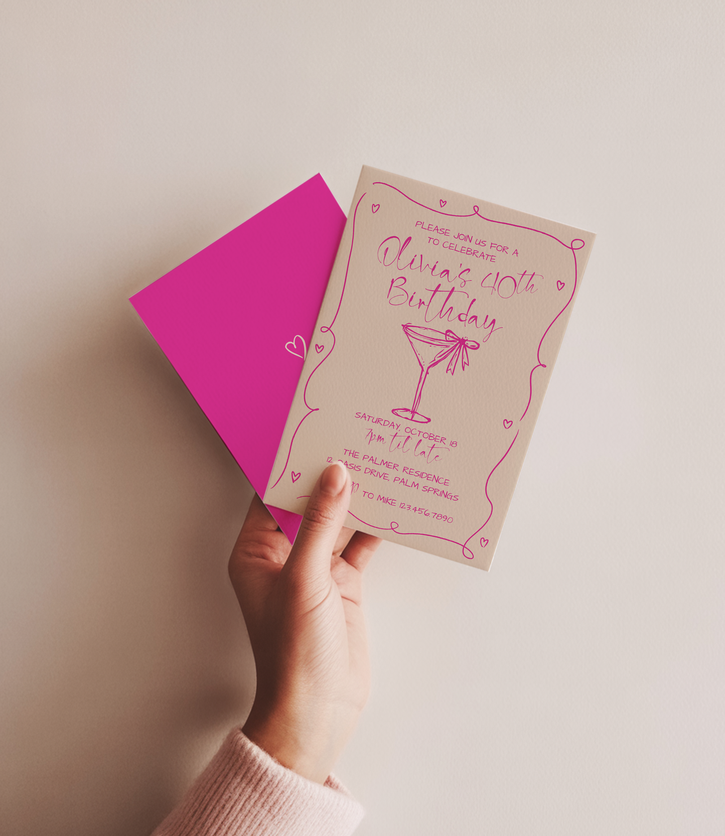 Martini Cocktail Party Invitation | Hand Drawn Martini Glass with Bow Design | Canva Template