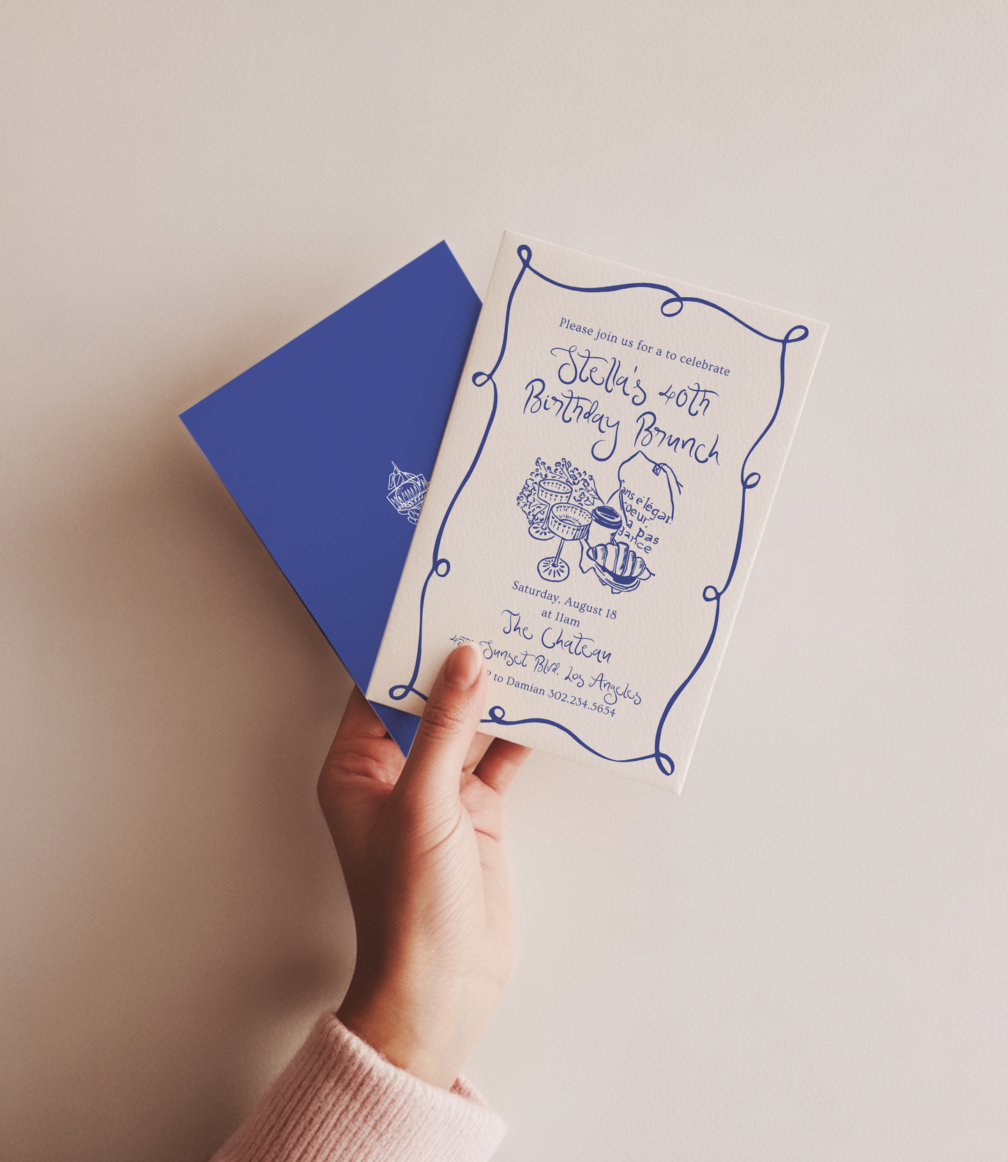 Brunch Invitation | Hand Drawn Parisian Croissant & Champagne Design | Canva Template