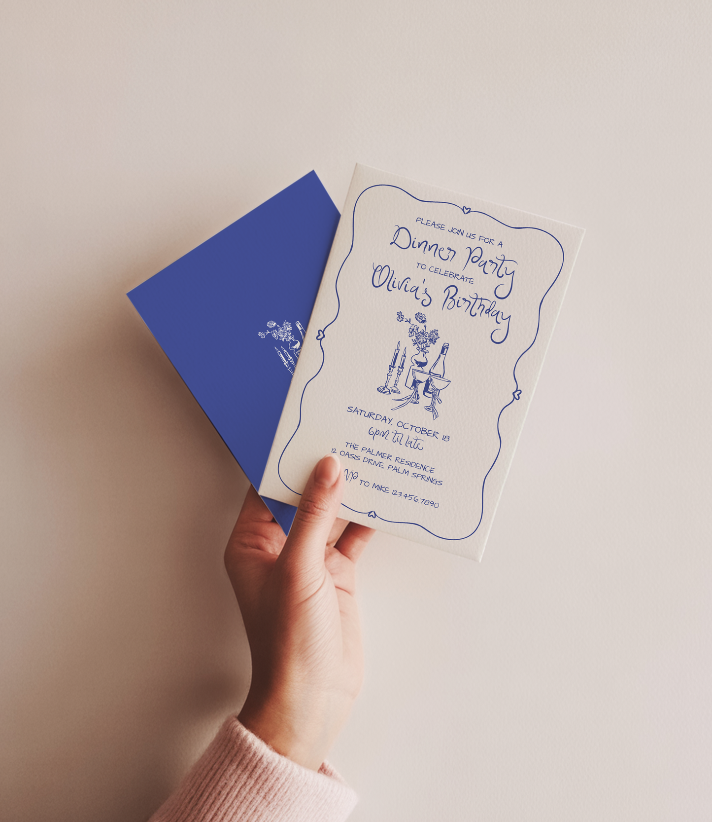Dinner Party Invitation | Hand Drawn Candle & Champagne Design | Canva Template