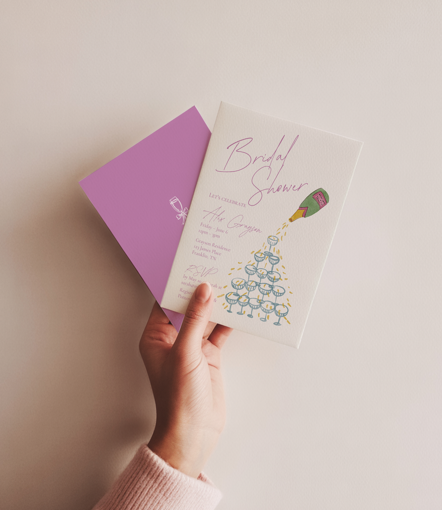 Bridal Shower Invitation | Hand Drawn Champagne Tower Design | Canva Template