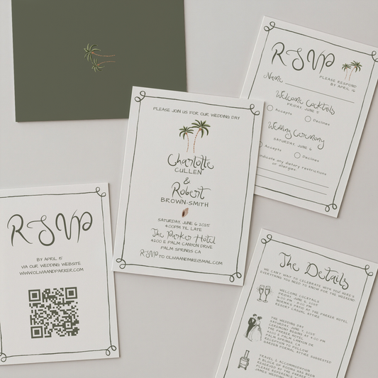 Whimsical Coastal Wedding Invitation Suite | Hand Drawn Palm Tree Design | Canva Template