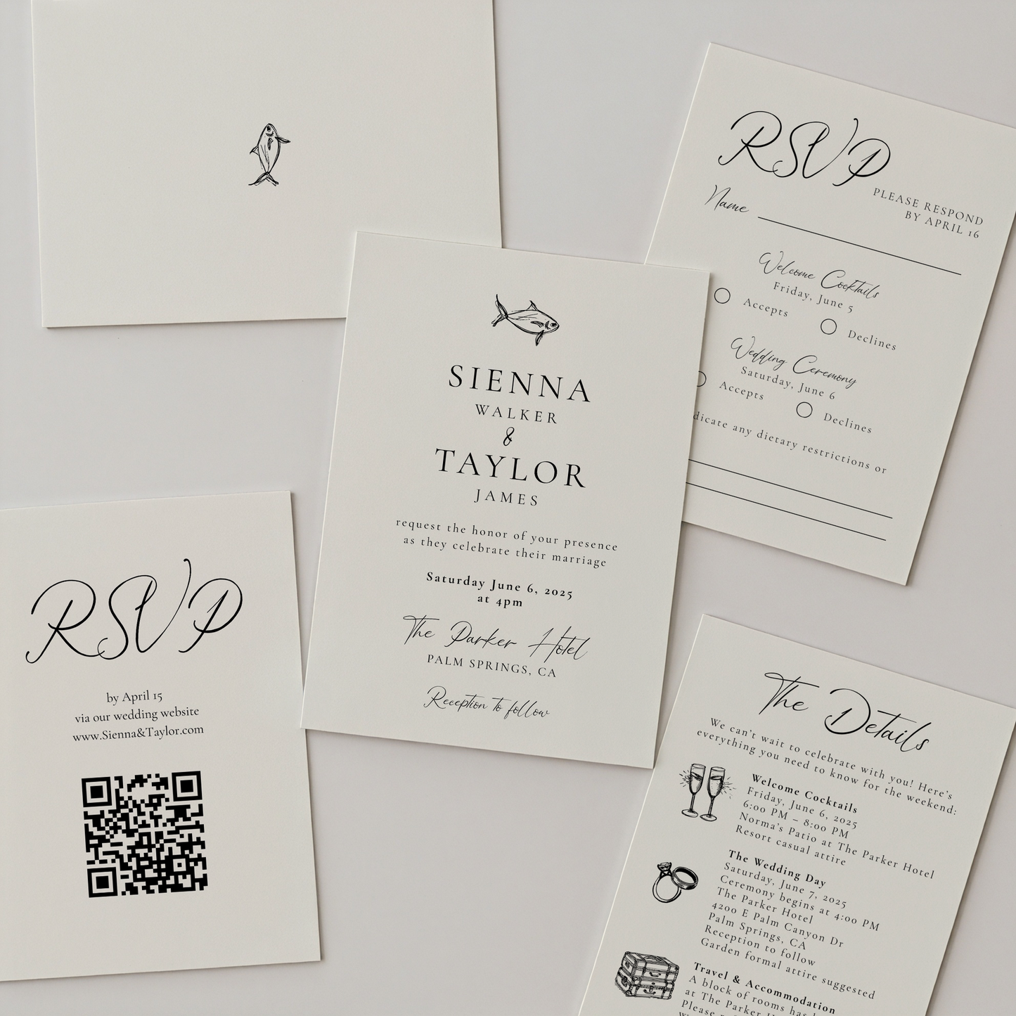 Mediterranean Wedding Invitation Suite | Hand Drawn Fish Design | Canva Template