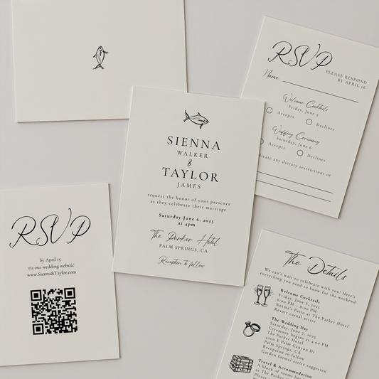 Mediterranean Wedding Invitation Suite | Hand Drawn Fish Design | Canva Template