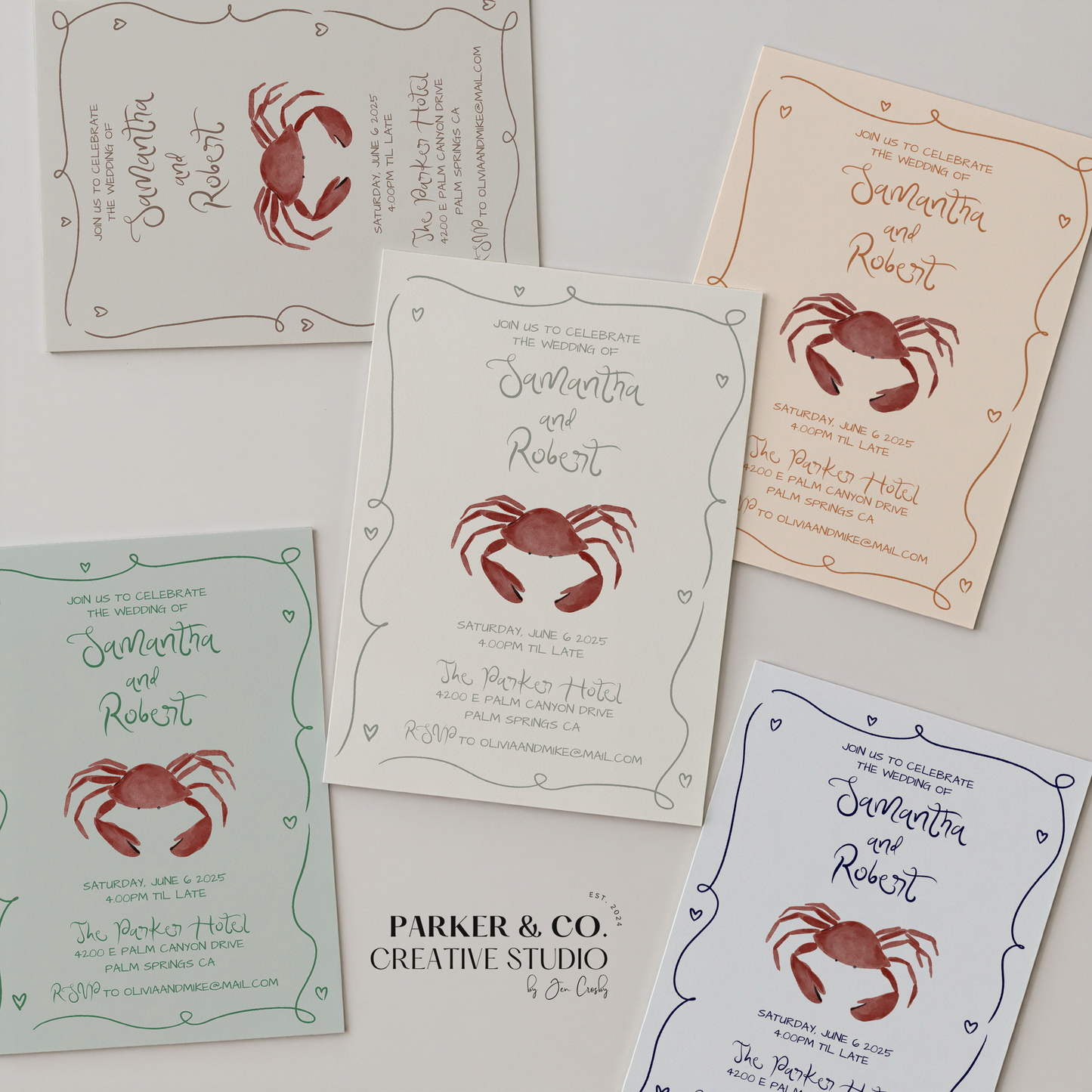 Whimsical Coastal Wedding Invitation | Hand Drawn Crab Design | Canva Template