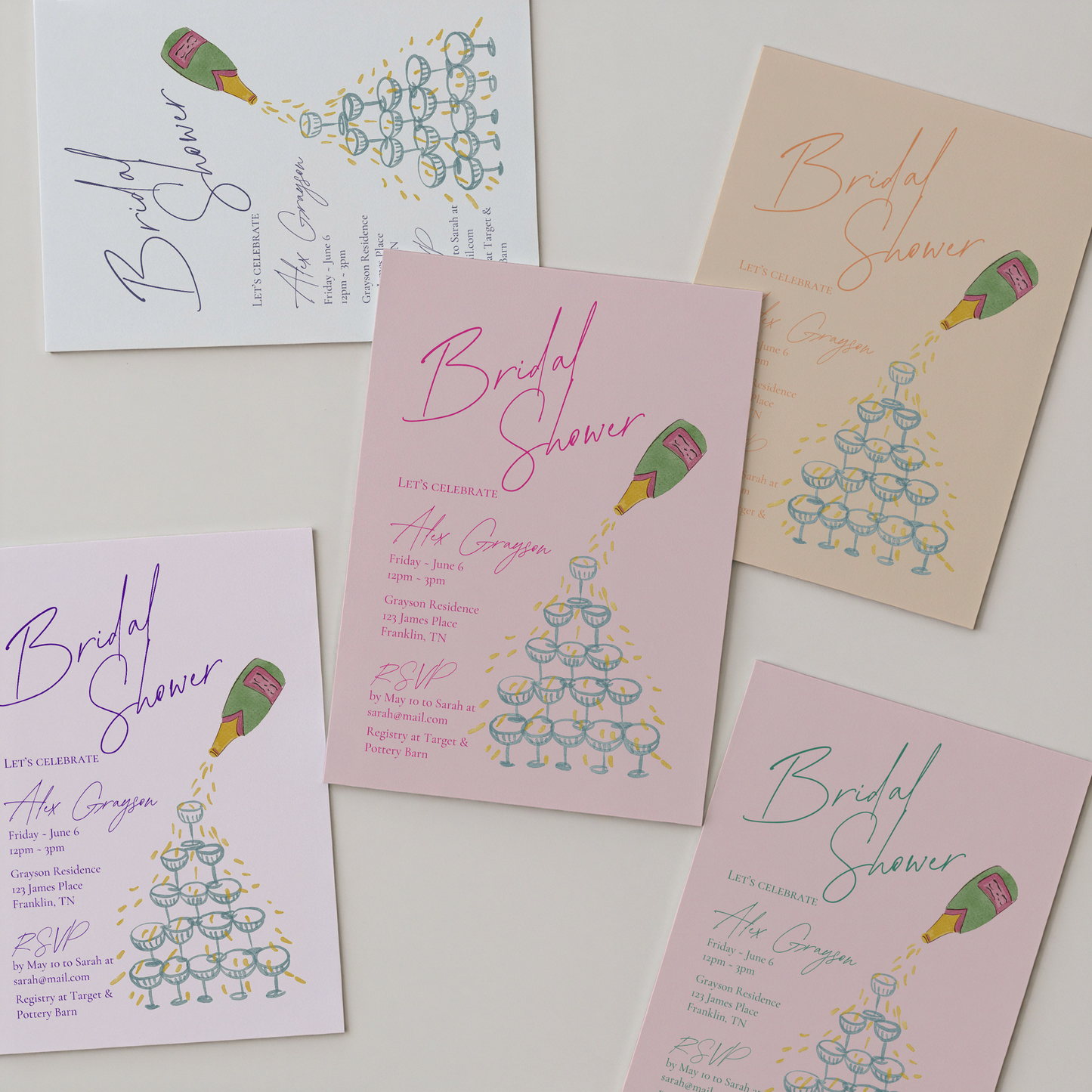 Bridal Shower Invitation | Hand Drawn Champagne Tower Design | Canva Template