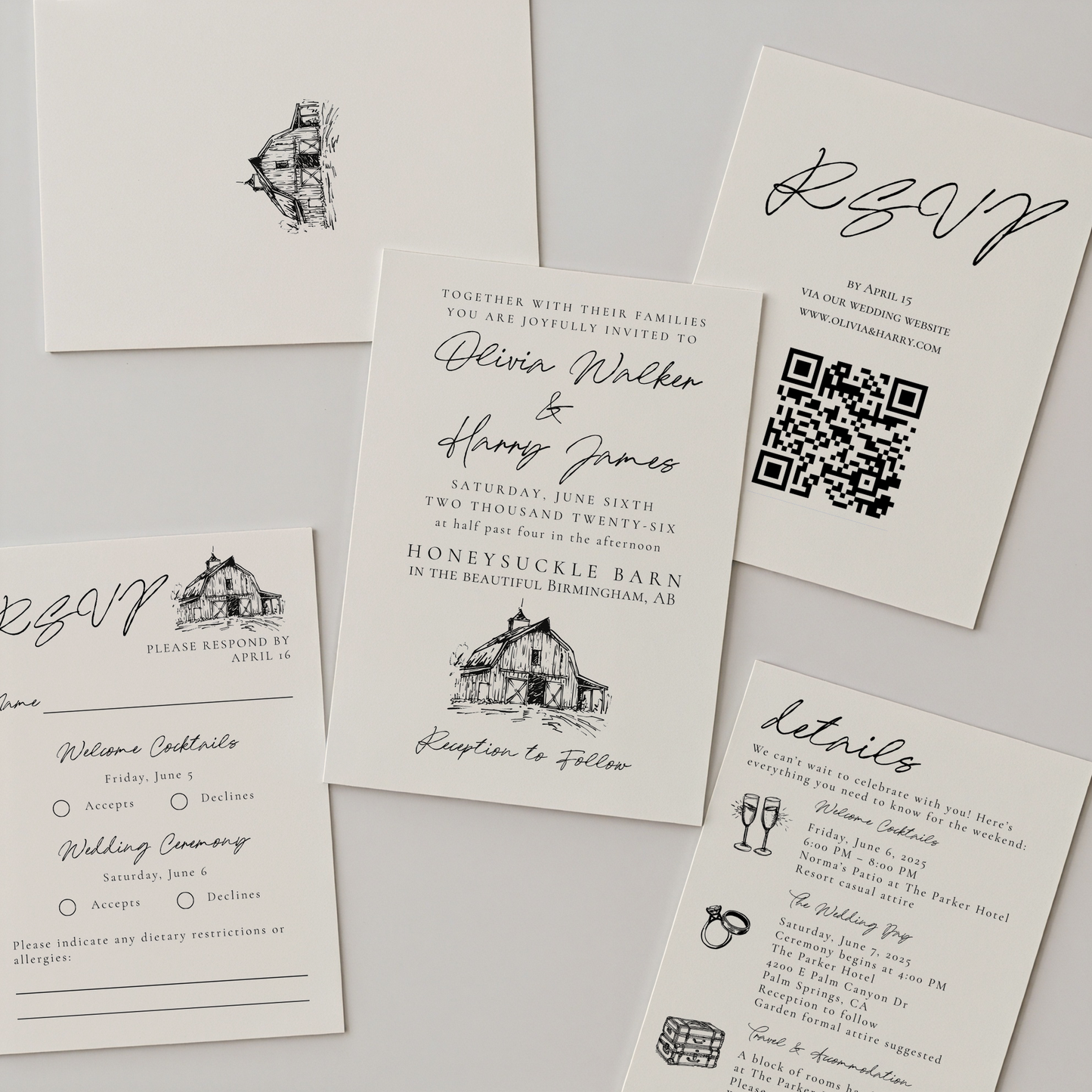 Rustic Wedding Invitation Suite | Hand Drawn Barn Design | Canva Template
