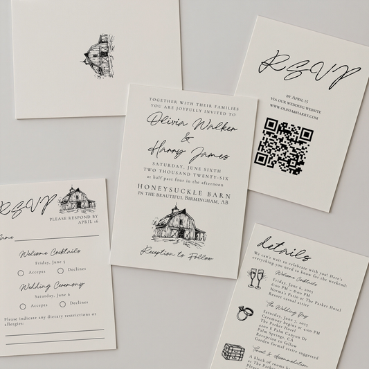 Rustic Wedding Invitation Suite | Hand Drawn Barn Design | Canva Template